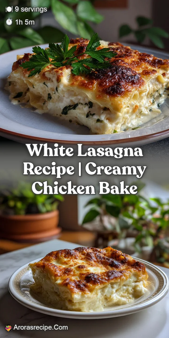 Close-up of creamy white lasagna, bubbly and golden brown. Visible pasta layers and melted cheese create a tempting, rich ...