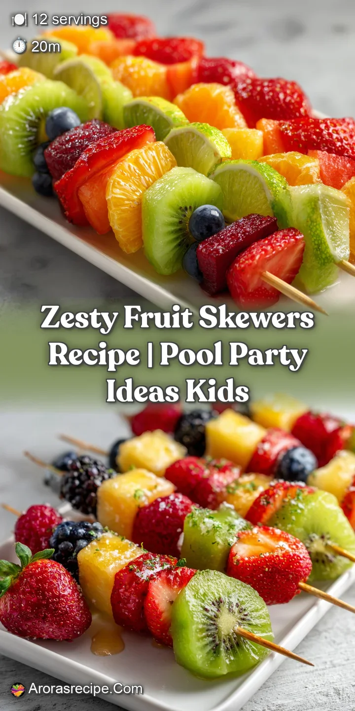 Close-up of a fruit skewer, showcasing the glistening texture of pineapple, blueberries and kiwi, all coated in a zesty, s...