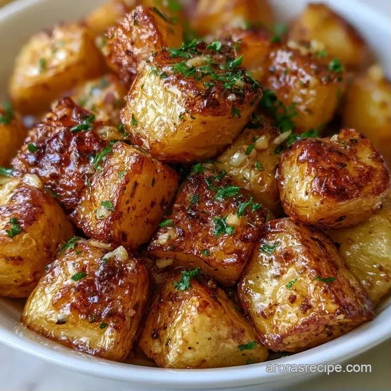 Neatly stacked golden potato cubes on a slate plate, garnished with microgreens and a dollop of herb butter.