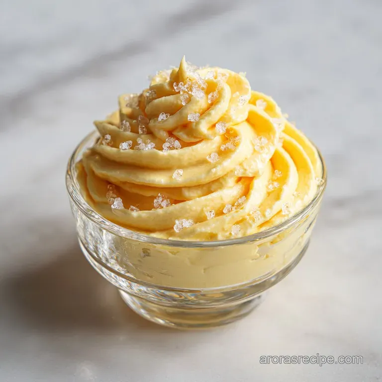 A small ceramic ramekin of golden whipped butter topped with coarse sea salt next to a warm toasted baguette.