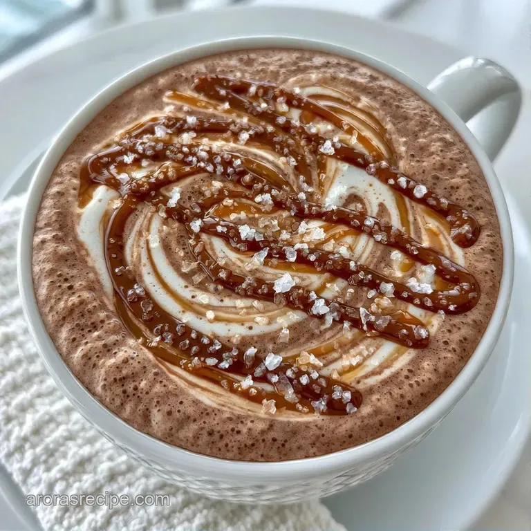 A tall glass of layered iced mocha on a white marble surface with a silver straw and a light dusting of cocoa powder.