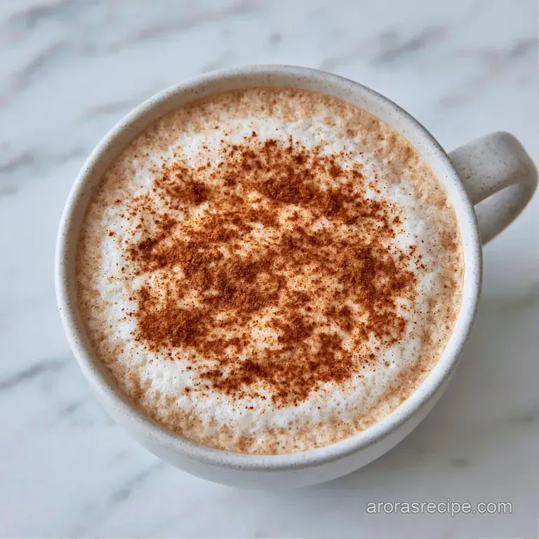 A tall frosted glass filled with a beige coffee drink, topped with cinnamon sugar and a cinnamon stick garnish.