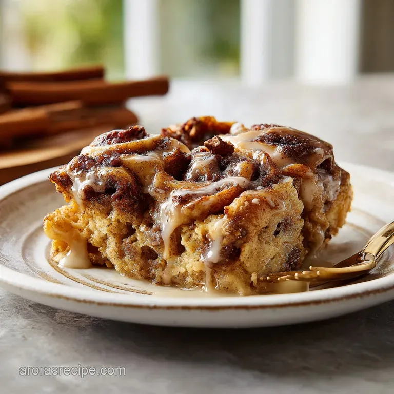 A slice of tender cinnamon roll casserole on a white plate, drizzled with creamy icing.