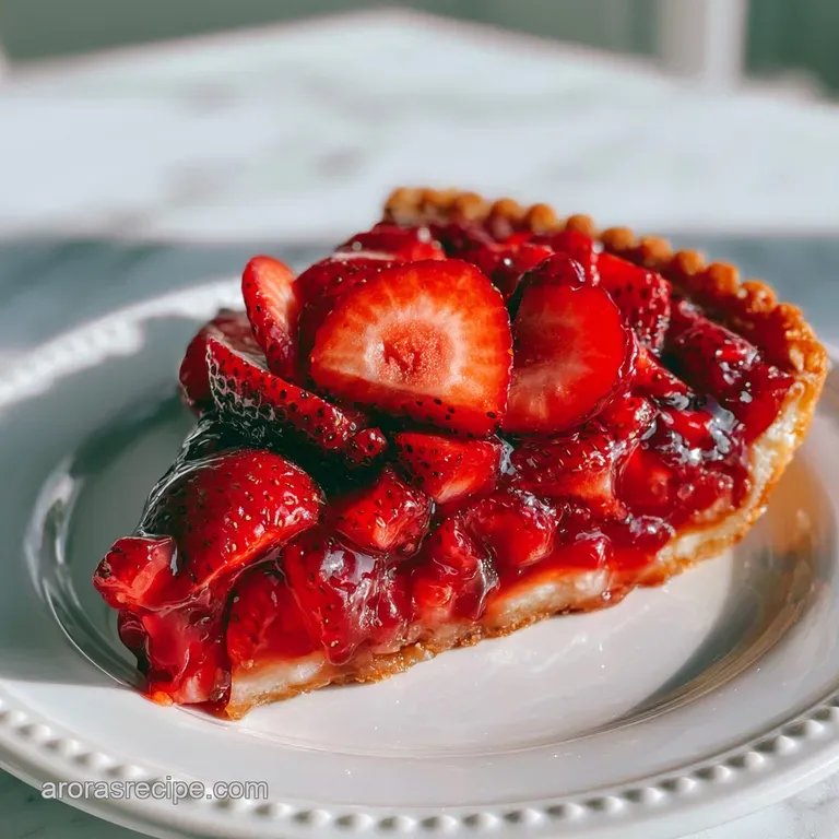 A neat slice of creamy strawberry tart on a white plate, garnished with whipped cream and a fresh mint leaf.