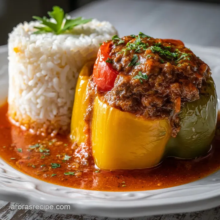 Single stuffed pepper plated, overflowing with savory filling. Steam rises gently. Garnished with fresh herbs, creating a ...
