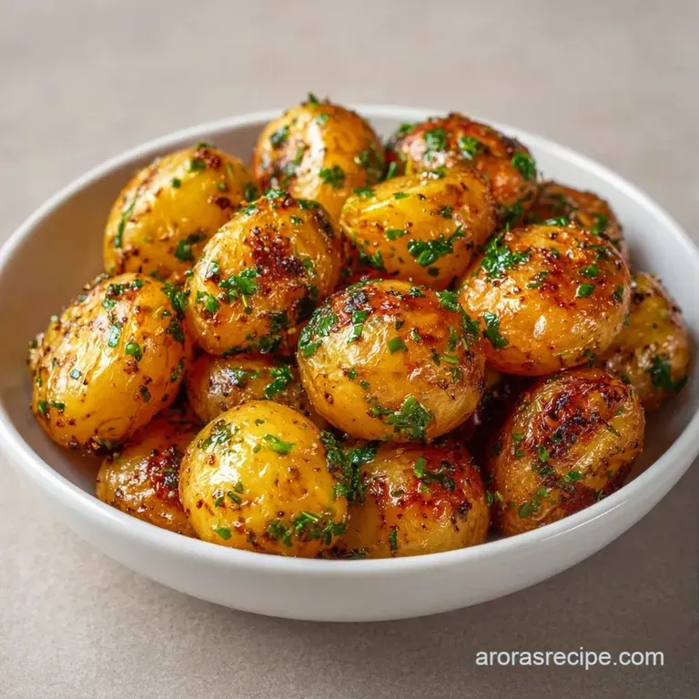 Golden roasted baby potatoes arranged on a white platter with fresh rosemary sprigs and a creamy garlic dipping sauce.