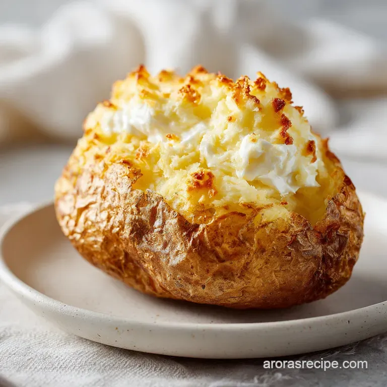 A perfectly baked potato, split open to show its tender, steaming interior, sits artfully on a rustic plate.