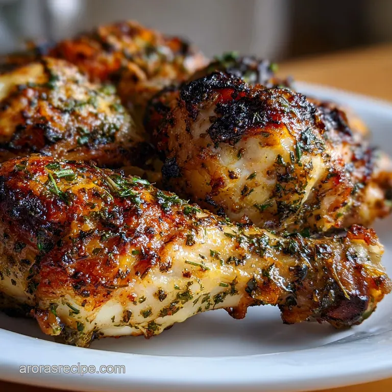 Plated crispy chicken leg with bright green herbs, resting on a bed of vibrant vegetables. Inviting and delicious plating.