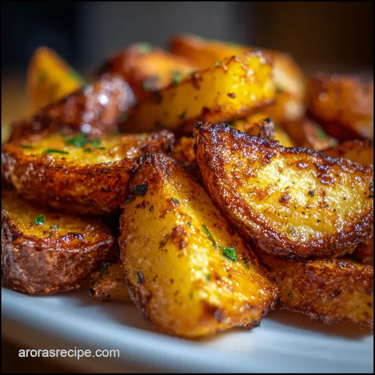Crisp air-fried potatoes artfully arranged on a white plate, sprinkled with fresh parsley. Steam rises enticingly.