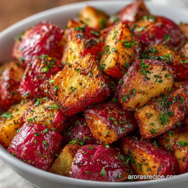 A heap of golden-brown potato cubes on a ceramic dish, paired with a small bowl of creamy garlic dipping sauce.