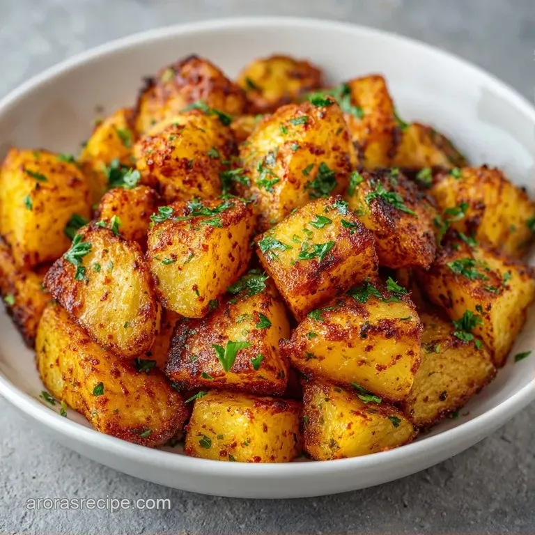 Symmetrically arranged golden potato cubes garnished with rosemary sprigs and flaky sea salt on a dark matte plate.