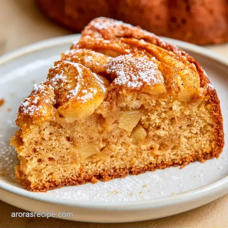 A slice of warm spiced cake on a white ceramic plate, dusted with powdered sugar and paired with a dollop of cream.