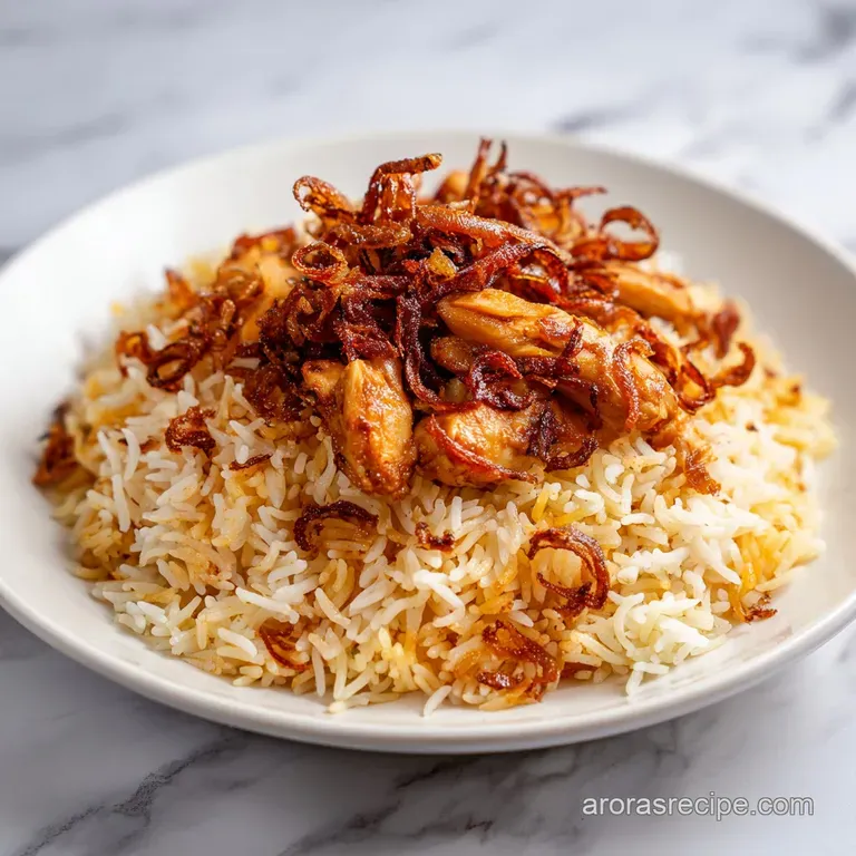 A white ceramic plate featuring a mound of aromatic yellow rice topped with fresh mint and caramelized onions.