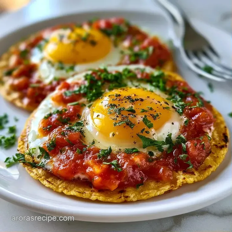 Two fried eggs on golden tortillas served on a ceramic plate with black beans and creamy avocado slices.