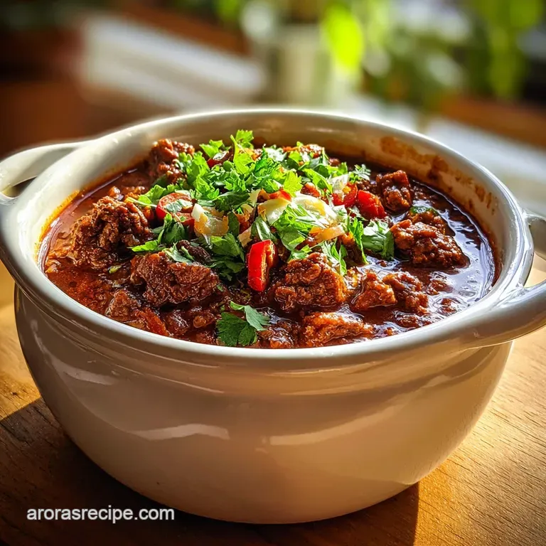 A deep bowl brimming with steaming Texas chili, garnished with a dollop of sour cream and a sprig of fresh cilantro for a ...