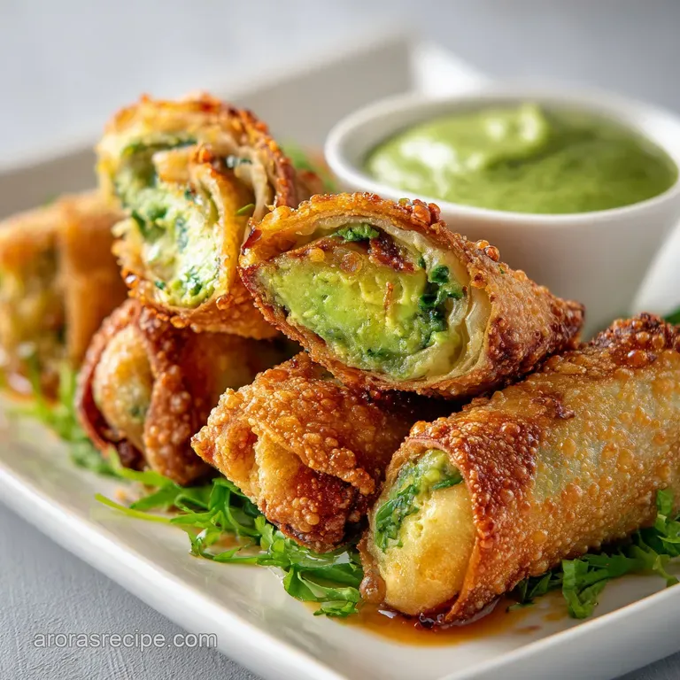 Elegant plating showcases crispy baked egg rolls with creamy avocado filling, alongside a vibrant dipping sauce for contrast.