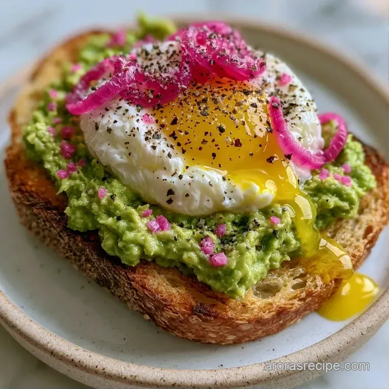Elegant plating of toasted sourdough with creamy green avocado, soft eggs, and bright pink onions on a white plate.
