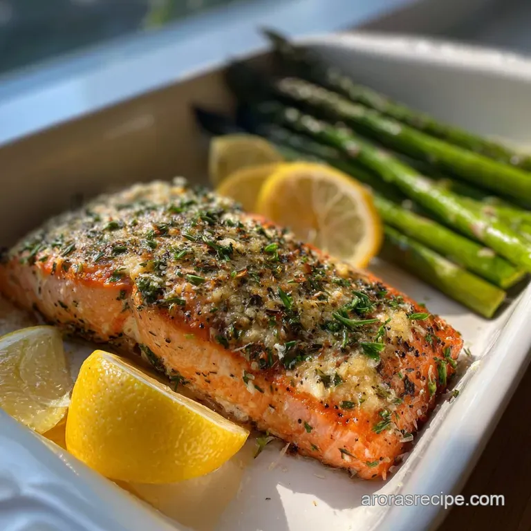 Perfectly baked salmon fillet on a white plate, garnished with dill sprigs and served with vibrant green asparagus spears.