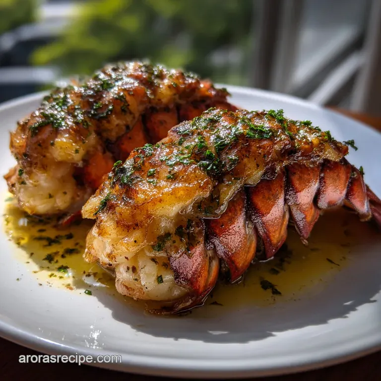 Elegant plate featuring succulent lobster tails, garnished with fresh parsley and a lemon wedge. Creamy sauce subtly drizz...