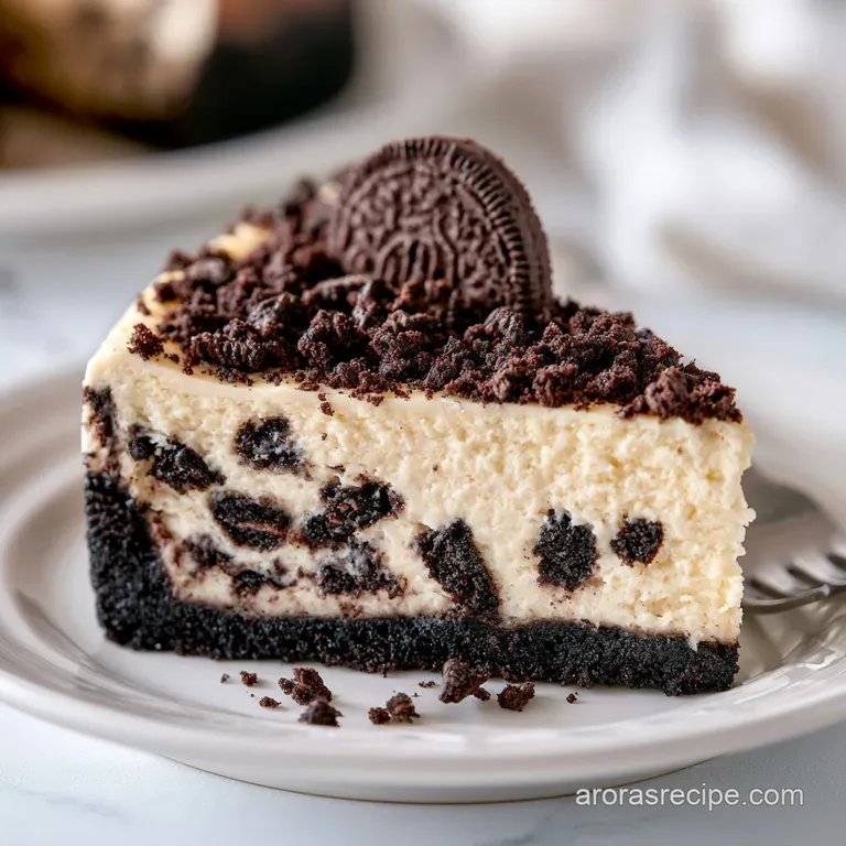 A neat slice of creamy white cake on a white plate, garnished with a whole cocoa cookie and a fresh mint leaf accent.