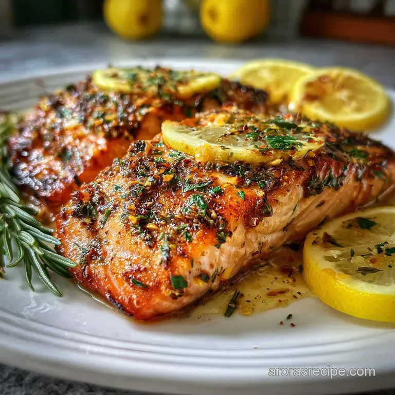 Perfectly roasted salmon fillet, glistening with lemon butter, elegantly plated with tender green beans and dill sprigs.