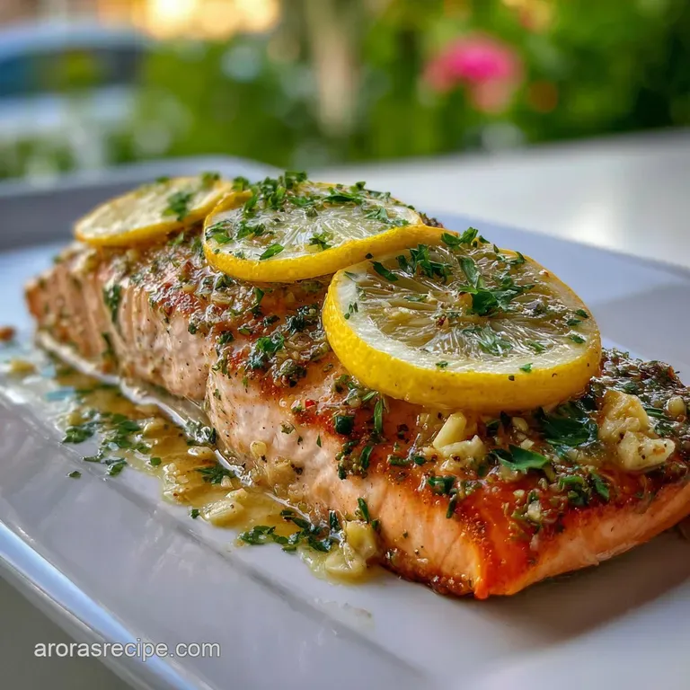 A perfectly portioned salmon fillet rests on a white plate, lemon slices and herbs adding pops of color to this elegant pl...