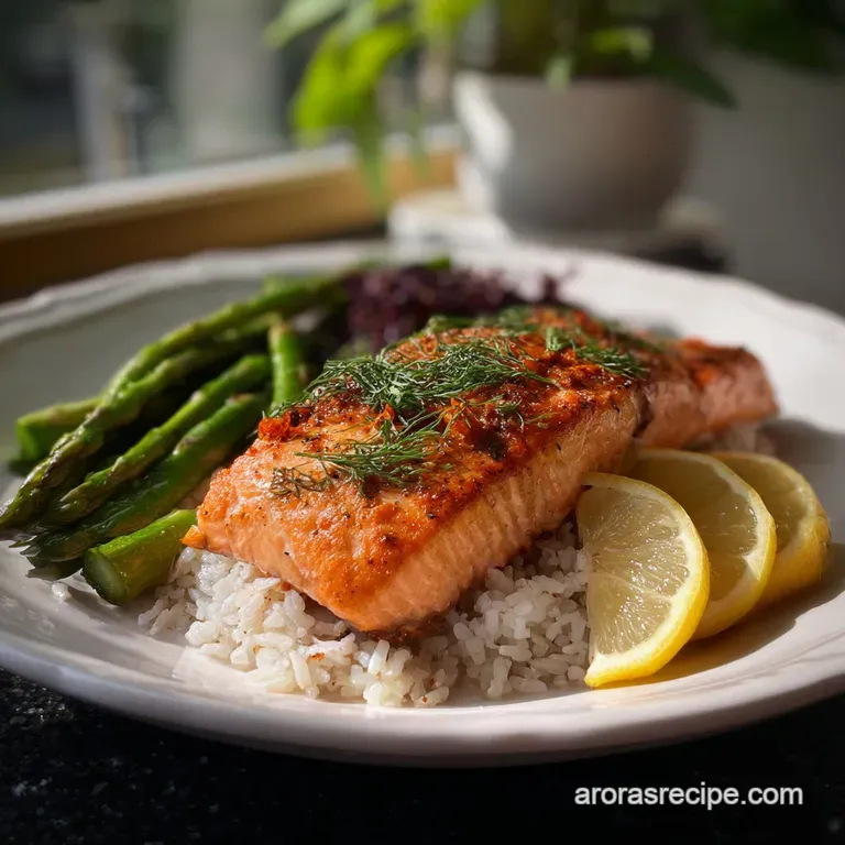 Perfectly baked salmon fillet, artfully plated with vibrant green asparagus and a bright lemon wedge. Dinner is served!