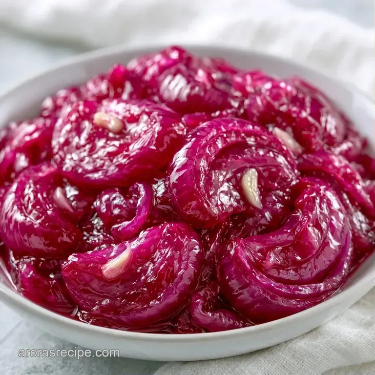 Translucent magenta onion slivers arranged neatly over a creamy white spread on a rustic toasted sourdough slice.