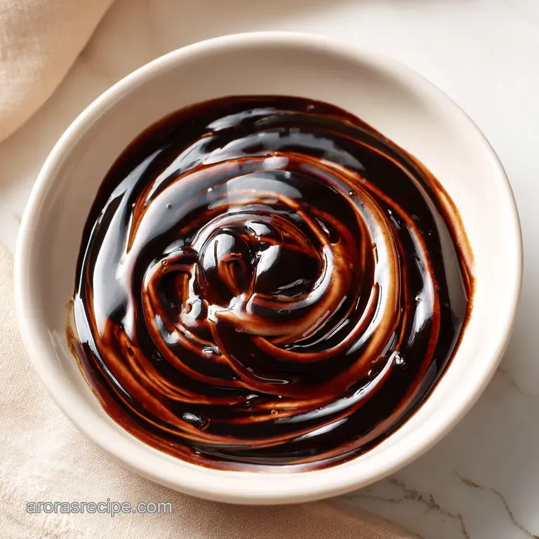 Deep mahogany syrup swirled elegantly over a white ceramic plate with vibrant red tomatoes and green basil.