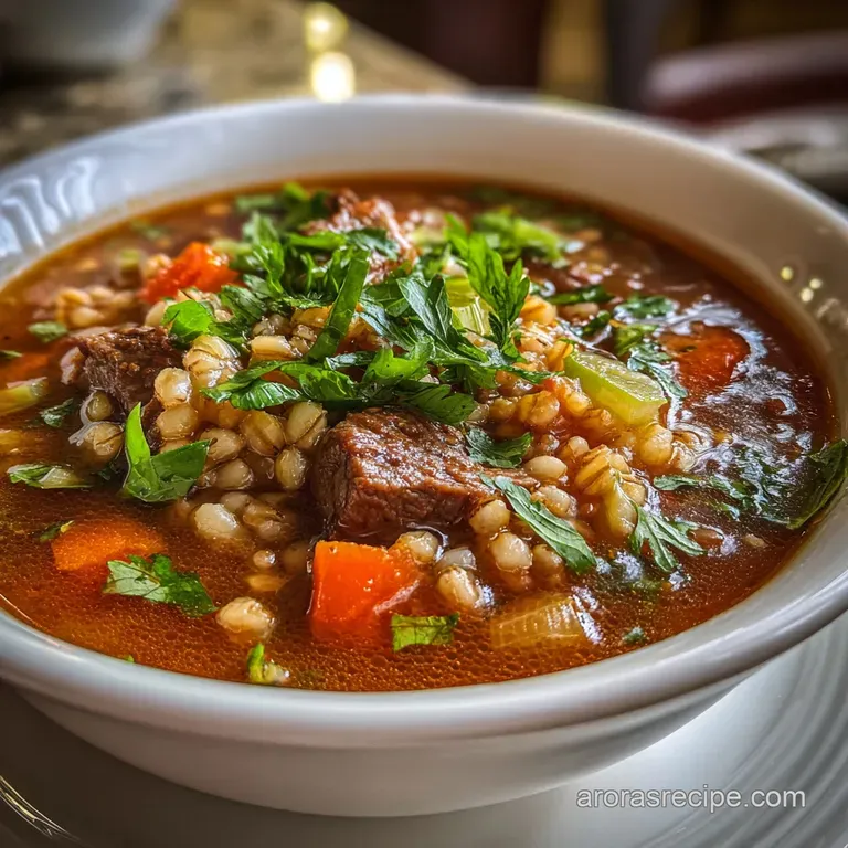 Hearty beef barley soup in a stoneware bowl. Garnished with fresh parsley sprigs and served with crusty bread for dipping.
