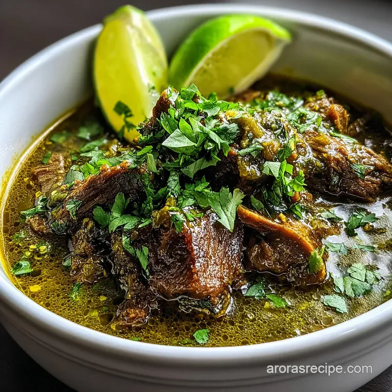 Steaming bowl of chili verde garnished with fresh cilantro sprigs, a dollop of sour cream, and crumbled cheese. An invitin...