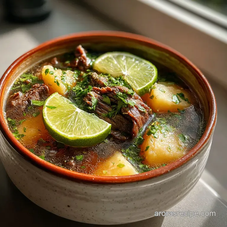 Elegant bowl of beef soup, garnished with fresh cilantro and a squeeze of lime, showcasing layers of colorful ingredients.
