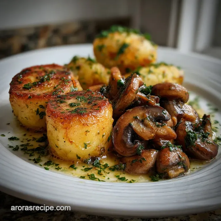 Elegant plating: Sliced steak rests against golden potatoes. Lustrous mushrooms glisten with sherry glaze, hints of herbs.