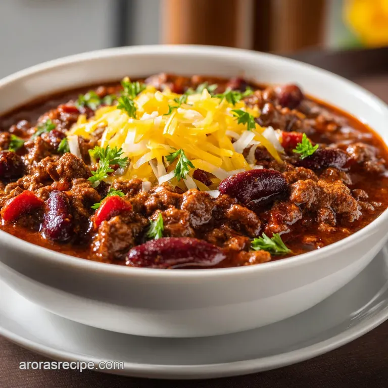 Bowl of chili, garnished with sour cream and herbs, sits next to a cornbread muffin on a rustic wooden surface.