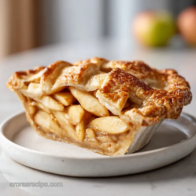 A slice of apple pie with a visibly thick filling and a delicate crust, beside a scoop of melting vanilla ice cream.