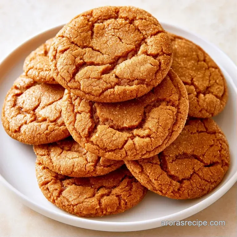 A stack of warm, chewy brown cookies on a white ceramic plate, dusted with fine crystals of sparkling sugar.