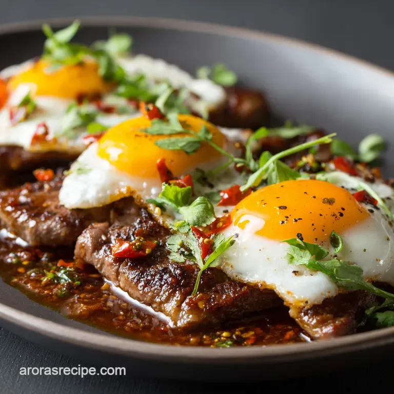 Bistec a Caballo Tender Steak with Sunnyside Up Eggs and Smoky Tomato Sauce presentation