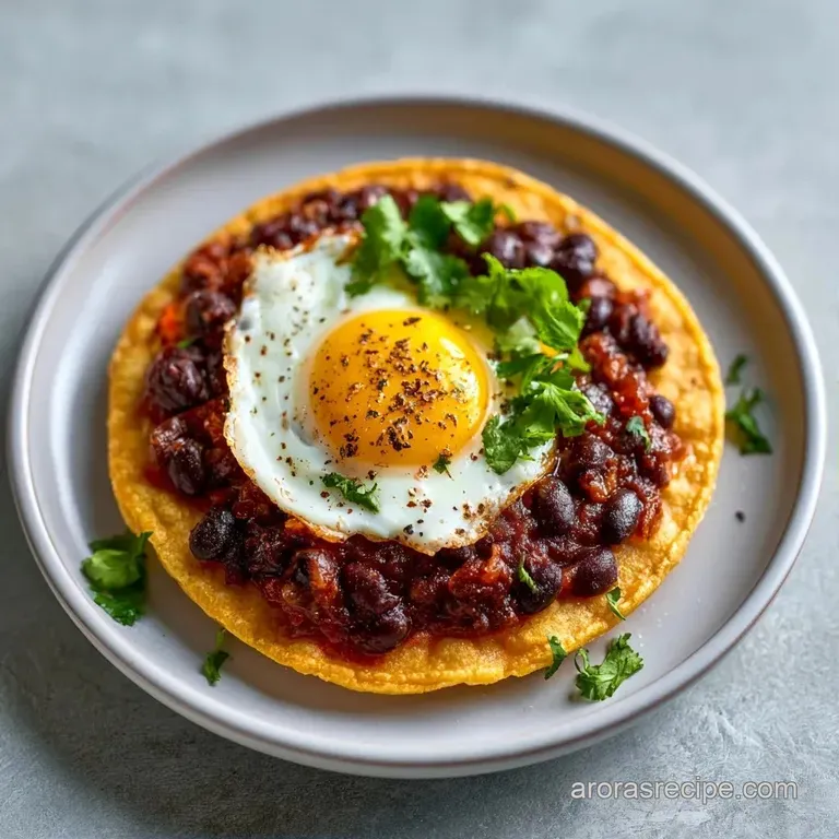 Two golden eggs resting on charred corn tortillas and creamy black beans, garnished with avocado slices and feta.