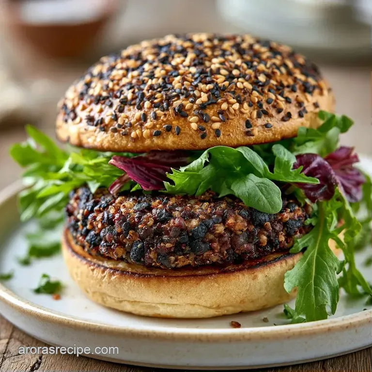Hearty plant-based patty on a rustic wooden board with golden sweet potato fries and a side of leafy greens.