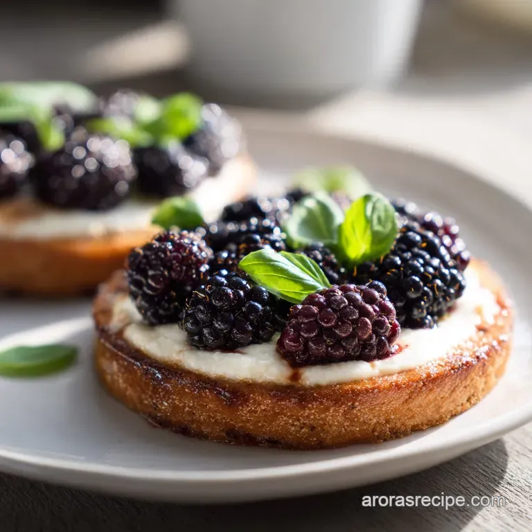 Slices of golden crust with creamy white cheese and juicy purple berries on a rustic board with honey drizzle.