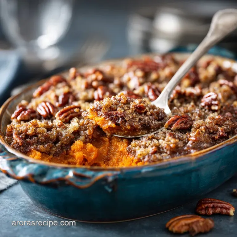 Bourbon Sweet Potato Casserole with Buttery Pecan Streusel Topping presentation