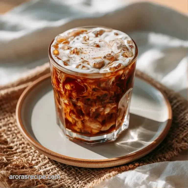 A tall glass of layered espresso and creamy milk on a white marble saucer next to a fragrant vanilla bean.