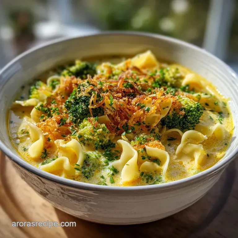 Steaming bowl of broccoli cheddar noodle soup, garnished with a sprig of dill and a sprinkle of red pepper flakes.