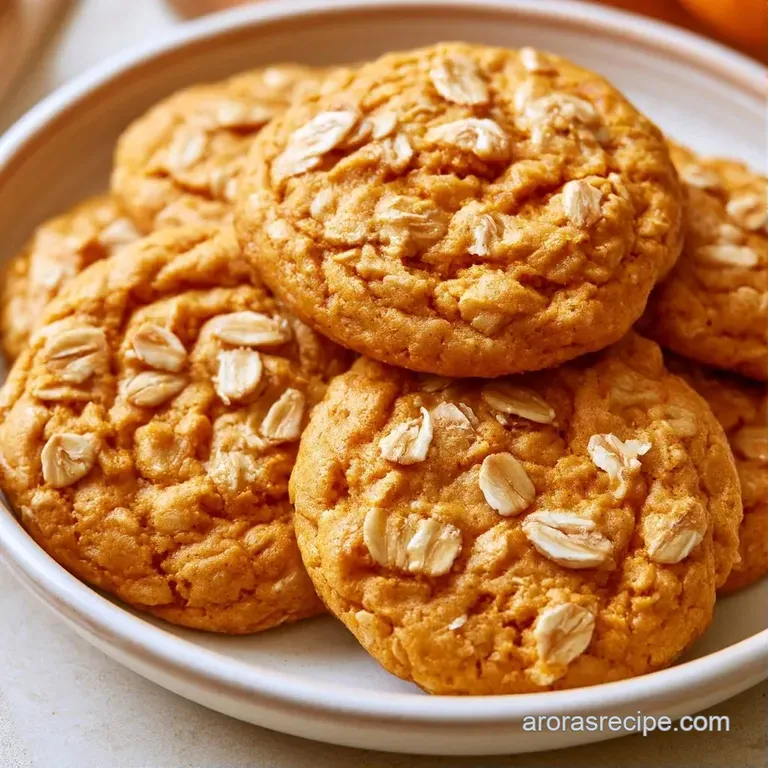 A stack of soft, amber-colored cookies on a white ceramic plate, garnished with a sprinkle of cinnamon and cream.