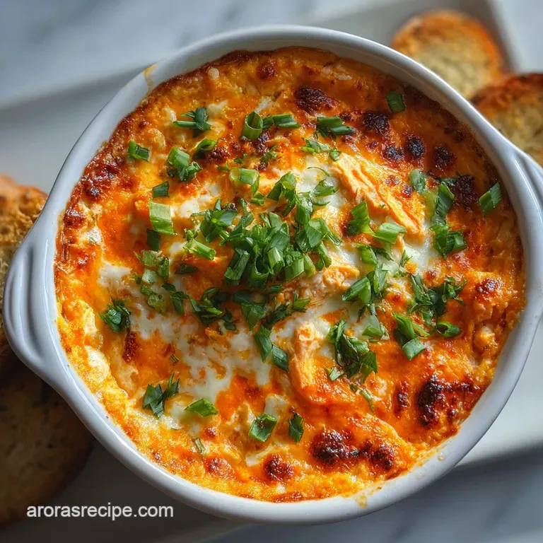 Creamy buffalo chicken dip, garnished with fresh scallions and a drizzle of hot sauce, served beside crisp celery sticks.