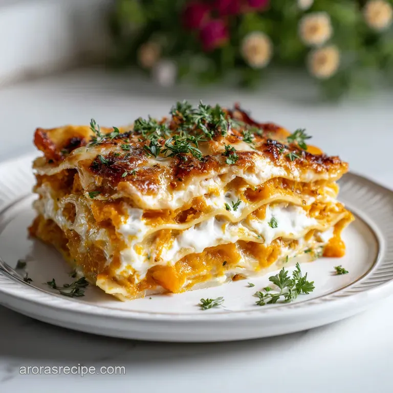 Slice of layered butternut squash lasagna with ricotta showing; rustic, comforting, and oozing with cheesy goodness on a p...