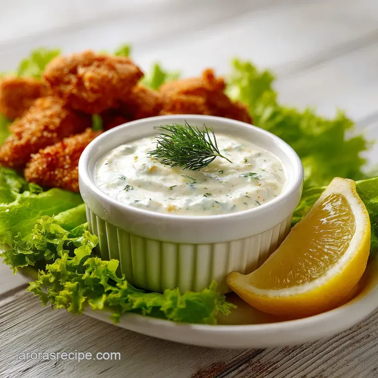 A dollop of light-yellow, speckled sauce next to golden fried seafood. Elegant plate with a lemon wedge and parsley sprig....