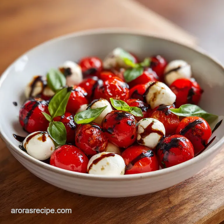 Colorful skewers of tomato and mozzarella arranged on a white platter, drizzled with thick balsamic glaze.