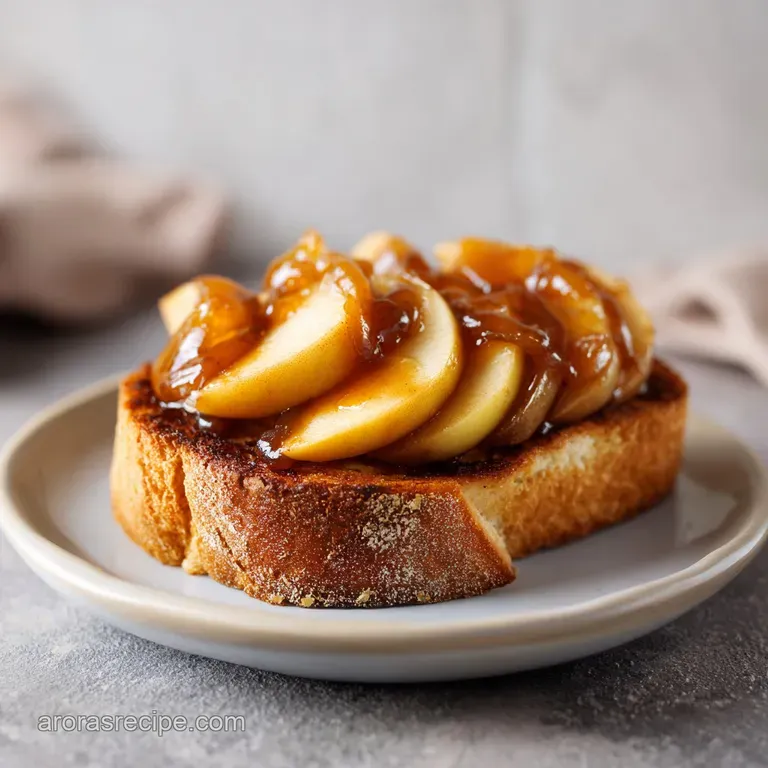 Thick slices of toasted brioche stacked on a white platter, topped with warm apples and a dusting of cinnamon powder.