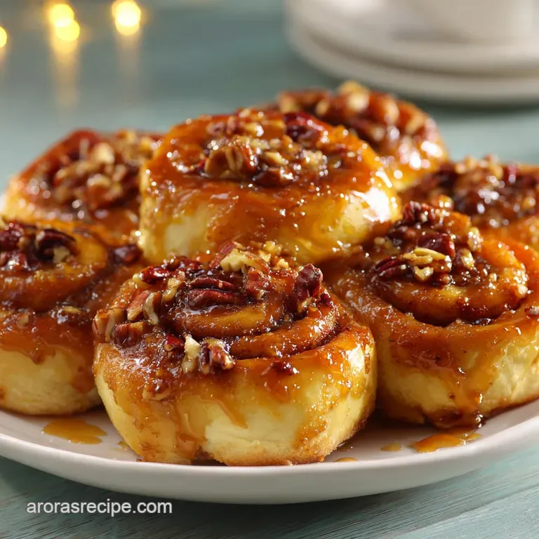 A golden pastry swirl with glistening amber caramel and toasted pecans, artfully plated on a dark slate board.